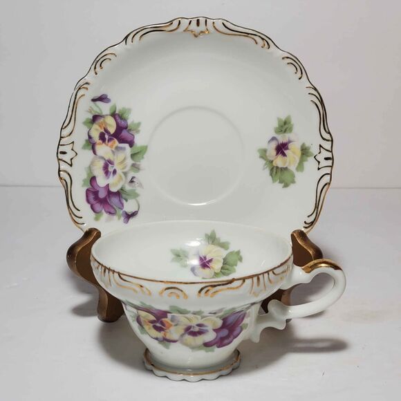 Sterling China Pansy Teacup and Saucer Purple Yellow Vintage - Picture 10 of 10